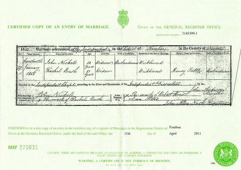 Nichols (John & Rachel) 1855 Marriage Certificate